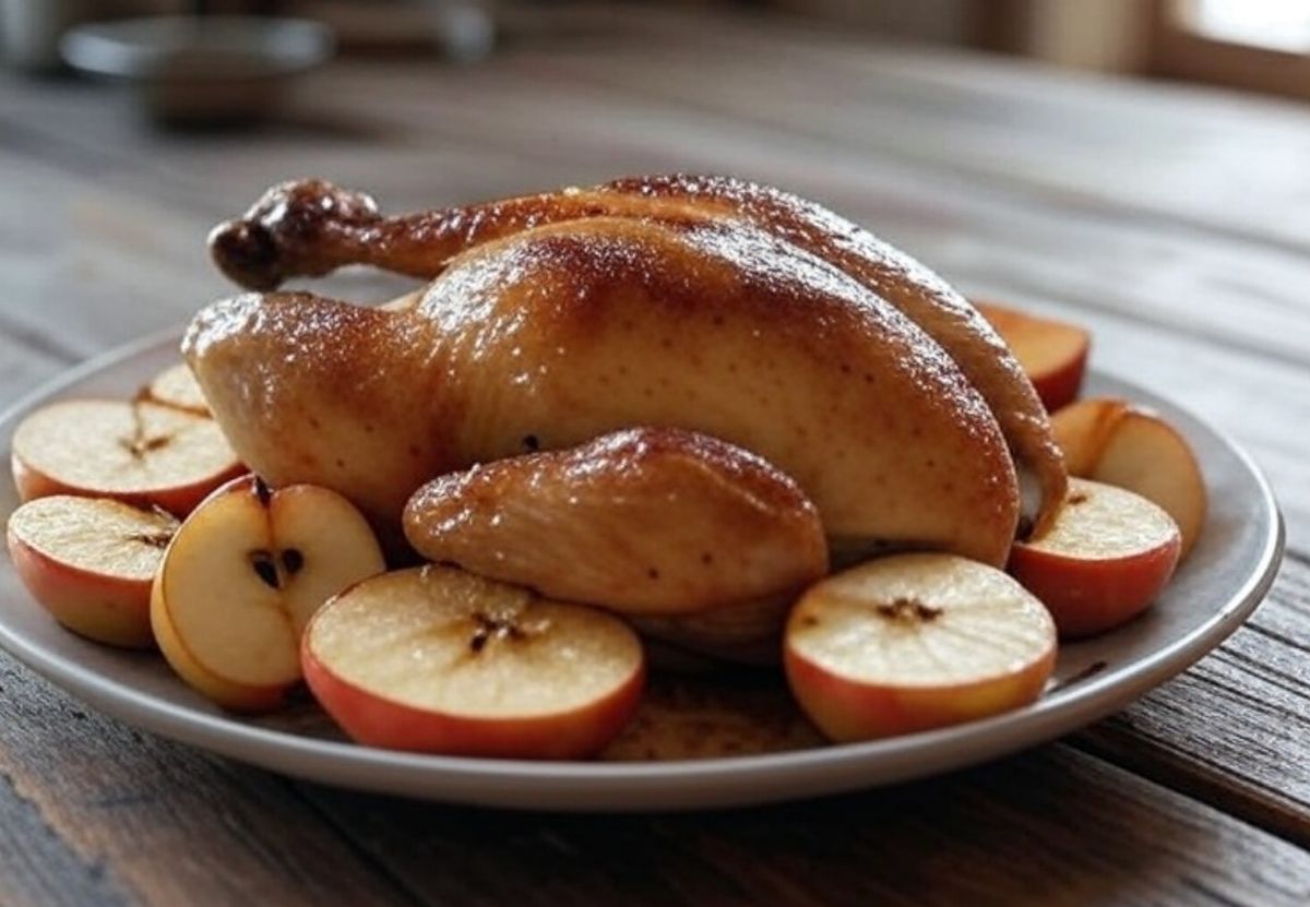 poulet roti aux pommes et au cidre